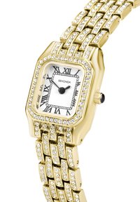 Montre rectangulaire dorée avec un cadran blanc texturé, chiffres romains, accents en cristal sur la lunette et le bracelet, et une couronne noire.