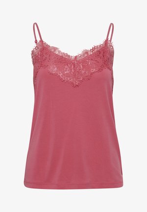 Kamu yang dihiasi renda dengan warna mawar, dilengkapi dengan tali spaghetti yang dapat disesuaikan dan bahan lembut dengan tekstur yang halus.