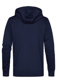 Hanorac bleumarin cu glugă, cu mâneci lungi și manșete în model cord, având o textură netedă a materialului și un design minimal.