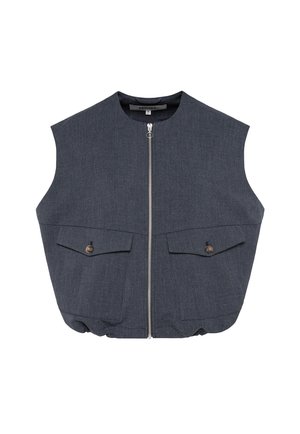 Ärmellose dunkelblaue Weste aus strukturiertem Stoff, mit einem Vorderreißverschluss, zwei großen Klappentaschen und verstellbarem Saum.