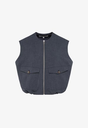 Sleeveless dark blue vest made from textured fabric, featuring a front zipper, two large flap pockets, and adjustable bottom hem.