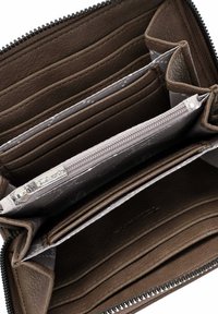 Brown leather wallet with multiple compartments, including card slots and a zipper pocket, featuring a light-colored interior lining.