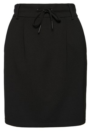 Jupe noire avec taille à cordon de serrage, texture lisse, design plissé et silhouette droite. Convient à diverses occasions.