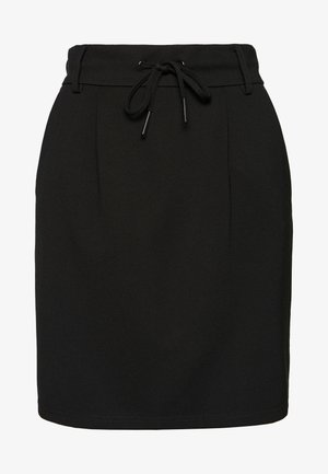 Zwarte rok met een trekkoord in de taille, een gladde textuur, geplooid ontwerp en een rechte silhouet. Geschikt voor verschillende gelegenheden.
