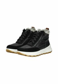Schwarze High-Top-Sneaker mit Kunstfellbesatz, aus Leder und Textilmaterialien, Gummisohle und Schnürdesign. Sie verfügen über einen Reißverschluss für ein einfaches Anziehen.