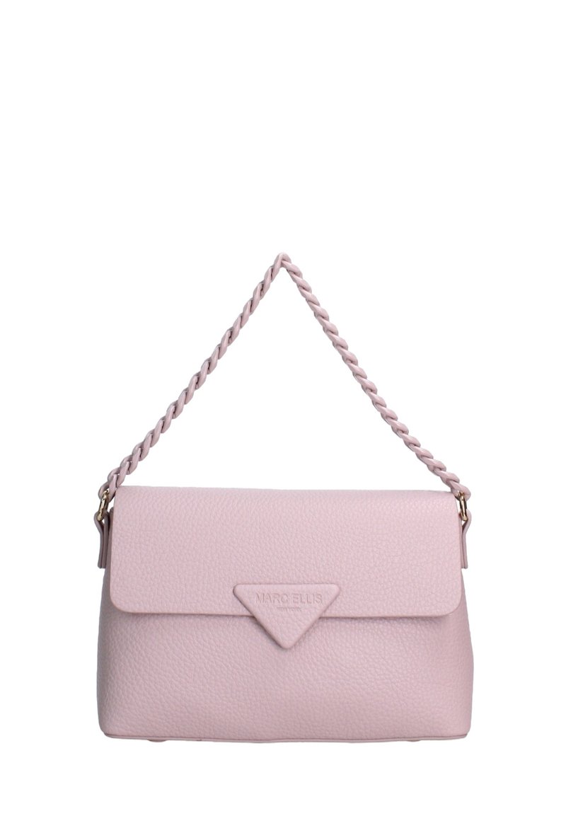 Borsa a tracolla in pelle rosa chiaro con manico intrecciato, chiusura a pattina, dettaglio logo impresso e superficie testurizzata.