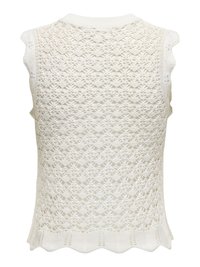 Haut sans manches en crochet blanc avec bords festonnés et motif ajouré complexe dans le dos.