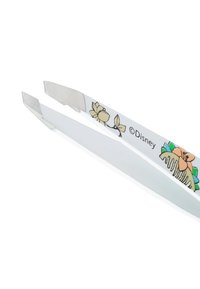 Pince à épiler blanche avec des pointes biseautées, ornée de motifs floraux et d'une étiquette "© Disney" sur le manche.