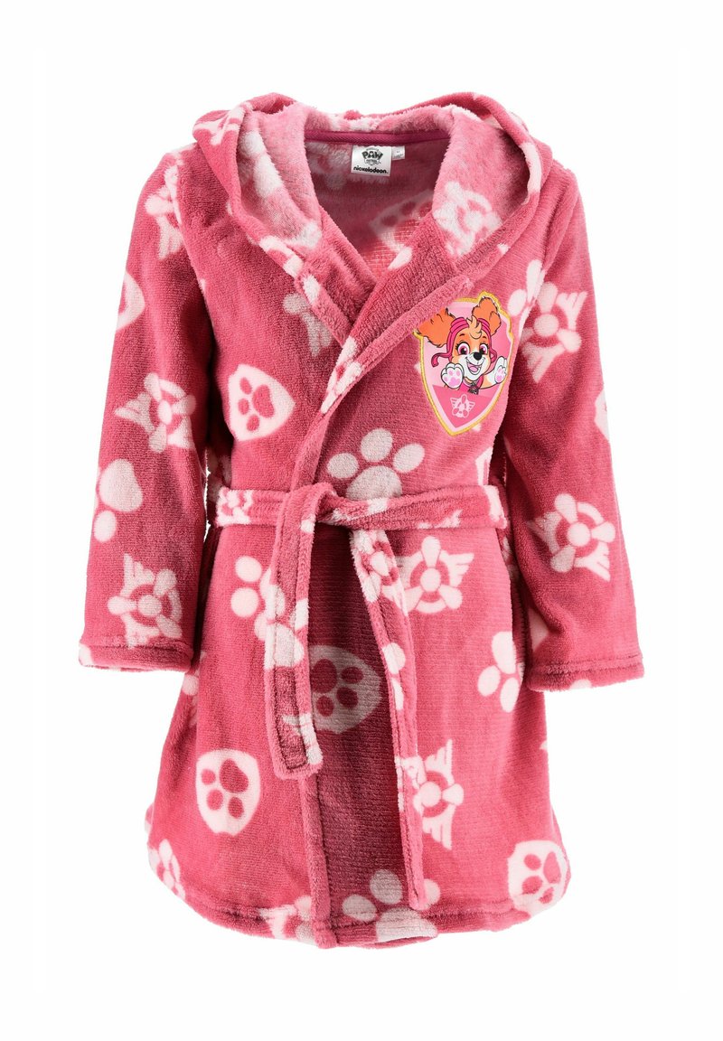 Pink children's hooded bathrobe with white paw prints and a character patch from Paw Patrol on the chest, tied with a matching belt.