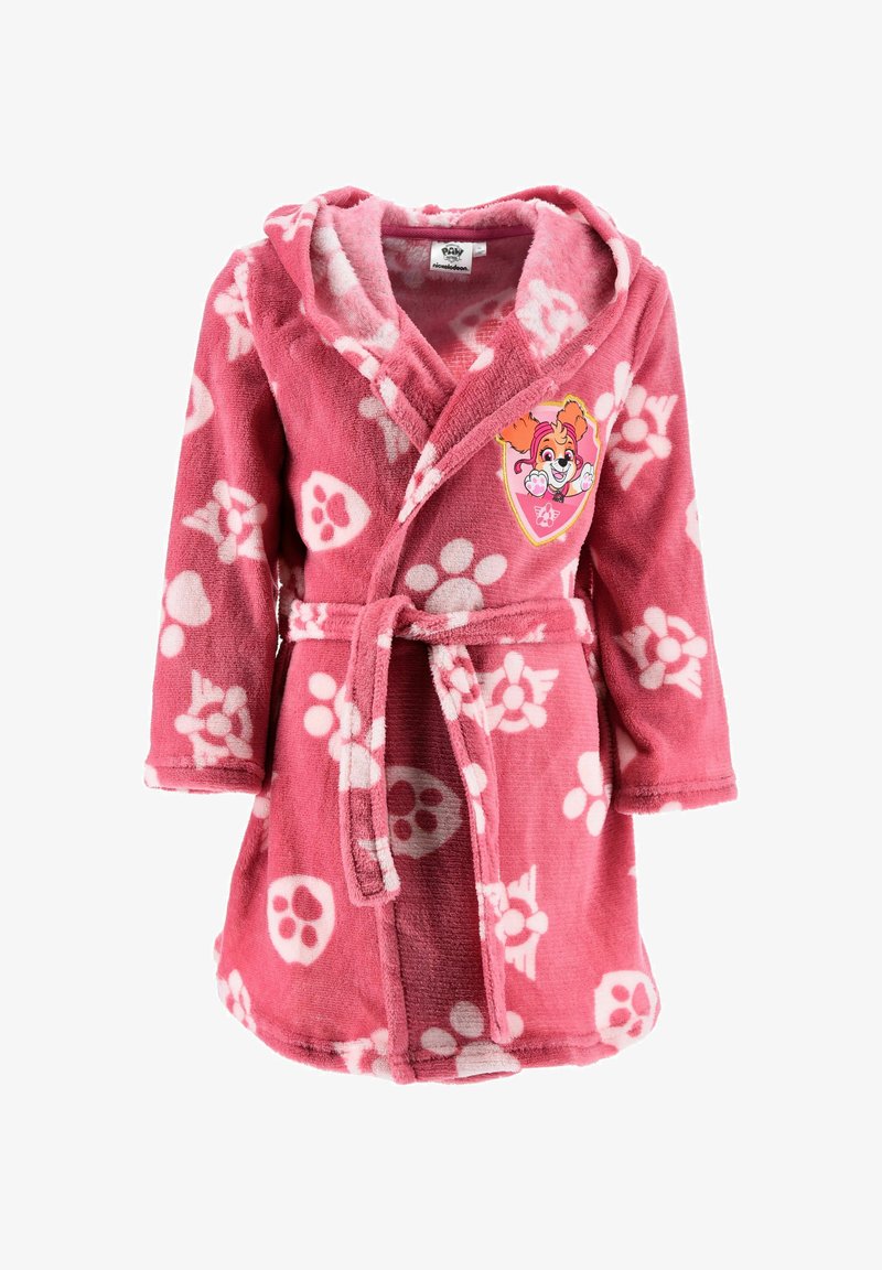 Pink children's hooded bathrobe with white paw prints and a character patch from Paw Patrol on the chest, tied with a matching belt.