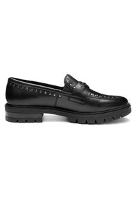 Black leather loafer with stud detailing, stitch accents, and thick lug sole for added traction and style.