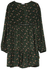 Robe longue à manches longues vert foncé avec un petit motif floral orange et blanc, décolleté rond, boutons recouverts de tissu et détails de taille froncés.