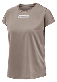 T-shirt med kort ärm i brun färg, tillverkad av mjukt material, med en vit "HUMMEL"-logga på framsidan och en avslappnad passform.