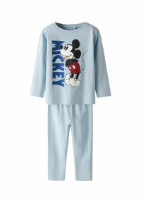 Svetlomodrý detský pyžamový set s dlhými rukávmi, nohavicami a veľkým grafikom Mickey Mouse s textom "MICKEY" hore.