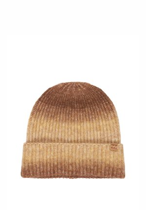 Cappello a cuffia a maglia costina marrone e beige con risvolto e piccolo patch in pelle con logo sul lato del polsino.