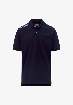 Polo en coton bleu marine avec un col classique, deux boutons et des manches courtes. Présente des détails de logo blanc sur l'épaule.