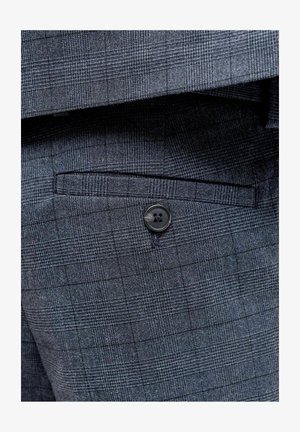 Dark blue patterned fabric with a small check design. Features a tucked pocket and a black button accent on the side.