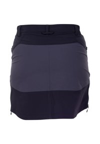 Gonna corta in tonalità blu navy scuro e grigie, caratterizzata da una vita alta, una texture liscia e tasche laterali con zip per una funzionalità aggiuntiva.