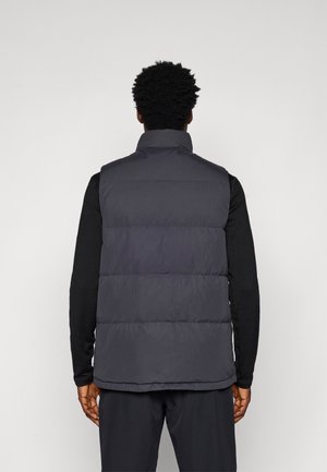 Graue Pufferweste mit hohem Kragen, die genähte Abschnitte und eine elegante, glatte Textur aufweist. Über einem taillierten schwarzen Langarmshirt getragen.