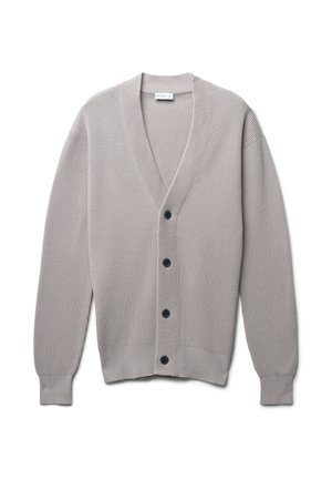 Cardigan grigio chiaro a maglia con scollo a V, maniche lunghe e sei bottoni neri sul davanti. Tessuto a coste in tutta la sua lunghezza.