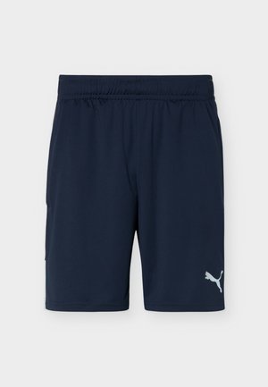Shorts de sport bleu marine avec taille élastique et logo Puma sur la partie inférieure de la jambe droite, présentés sur un fond blanc uni.