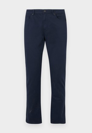 Navy blue cotton chinos with a straight leg design, front pockets, and a button closure. Smooth texture and minimal detailing.