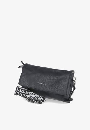 Sac bandoulière en cuir noir avec rabat pliant et bandoulière amovible noir et blanc à motifs, de la marque "Fräulein Frida."