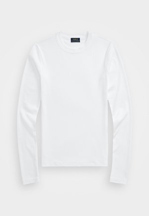 T-shirt blanc à manches longues col rond avec étiquette Polo Ralph Lauren à l'intérieur du col, présenté à plat sur un fond clair.