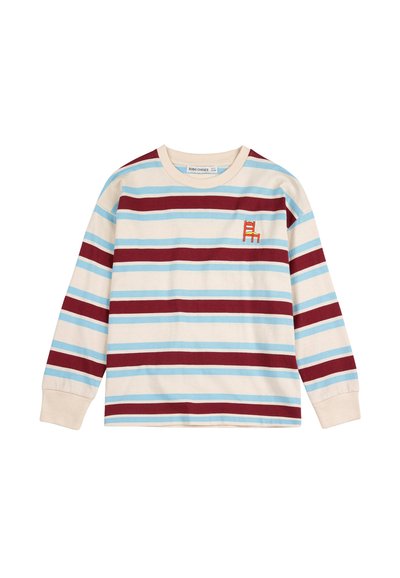 Langsleeve, crèmekleurig katoenen T-shirt met afwisselend blauwe en bordeauxrode strepen. Heeft een kleine rode stoel borduurwerk op de borst.