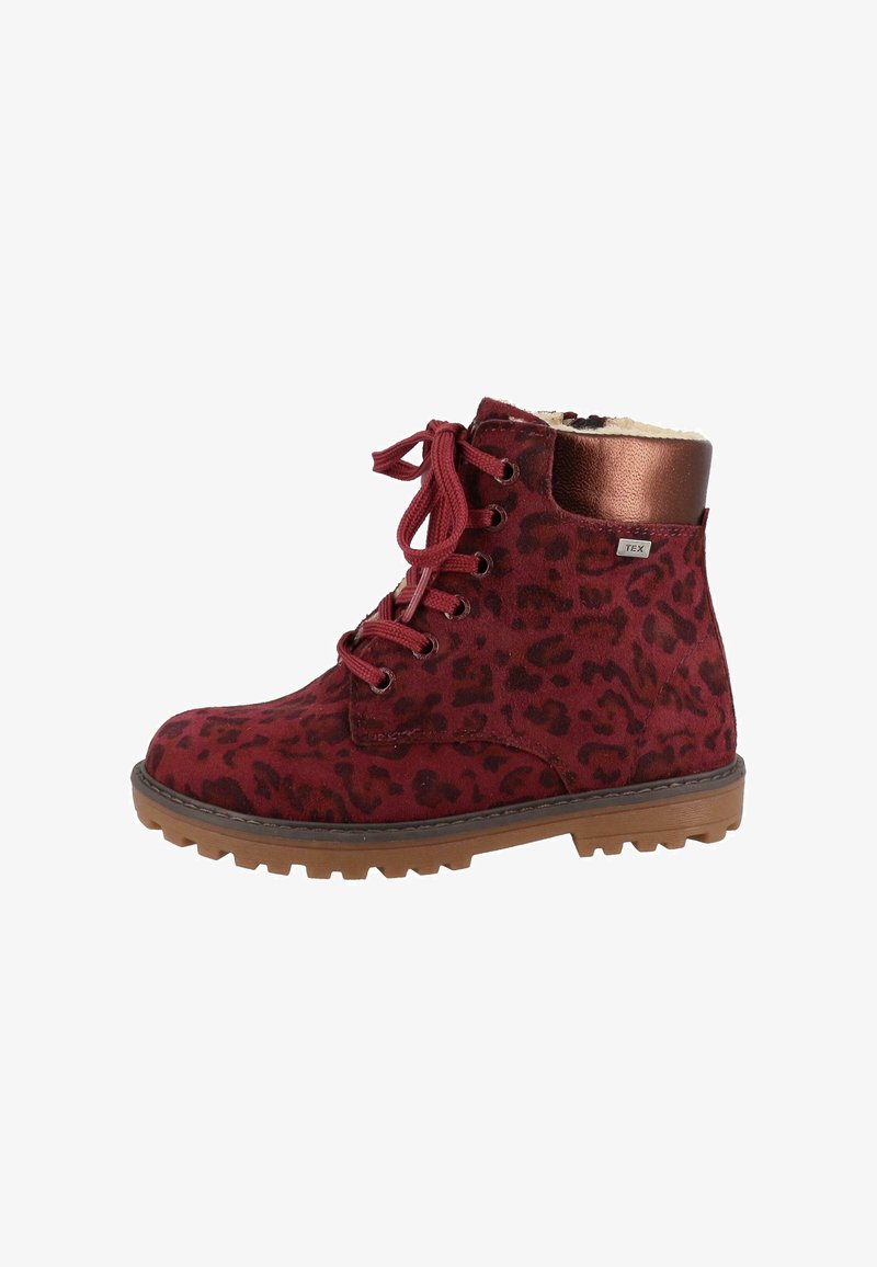 Red suede ankle boots with leopard print, metallic accent at the top, lace-up design, and textured rubber sole for grip.