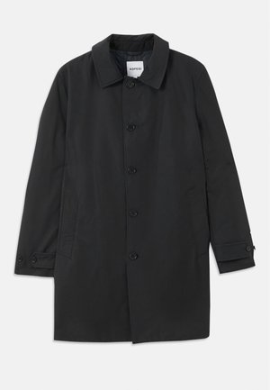 Schwarzer Mantel aus glattem Stoff, mit klassischem Kragen und sechs Knöpfen. Verfügt über seitliche Taschen und knöpfbare Manschetten.