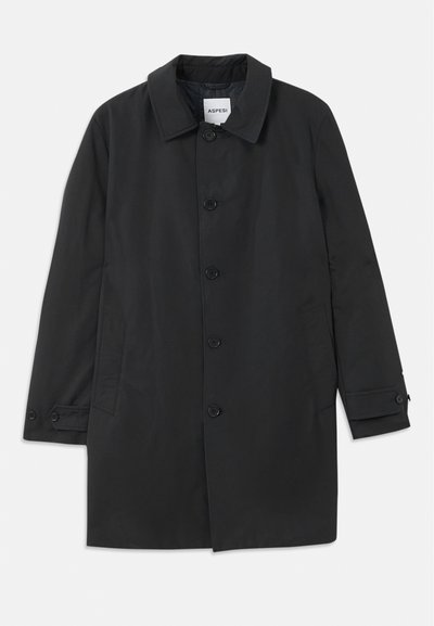 Schwarzer Mantel aus glattem Stoff, mit klassischem Kragen und sechs Knöpfen. Verfügt über seitliche Taschen und knöpfbare Manschetten.