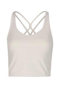 Svijetlosmeđi sportski crop top s širokim izrezom i složenim trakama u obliku križa na leđima, pokazuje elegantan, minimalistički dizajn.