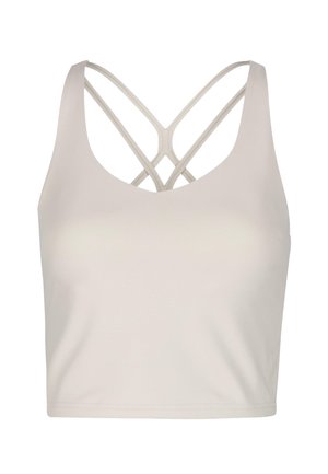 Light beige sports crop top with a wide neckline and intricate crisscross straps at the back, showcasing a sleek, minimalist design.