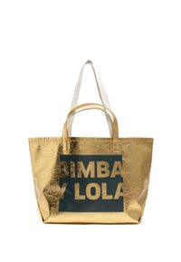 Złota metaliczna torba na ramię o gładkiej fakturze, z ciemnozieloną grafiką, na której widnieje napis "BIMBA Y LOLA" w odważnych, złotych literach.