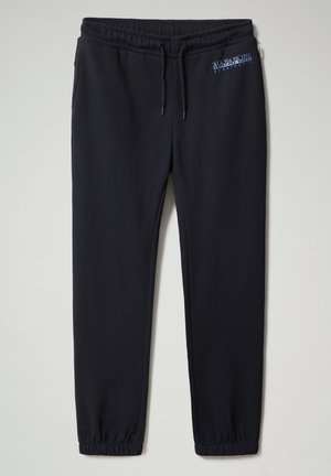 Pantaloni della tuta blu navy con cintura elastica e polsini, dettaglio con cordino, due tasche laterali, con logo sul lato sinistro anteriore.