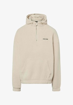 Beiger Fleece-Pullover mit Kapuze, Frontreißverschluss, Kängurutasche, elastischen Bündchen und Saum sowie dem "PEGADOR"-Logo auf der Brust.