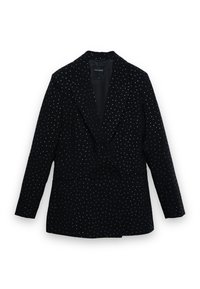 Schwarzer doppelreihiger Blazer mit silbernen Punktverzierungen, Revers mit Kerbkragen, zwei Fronttaschen und glatter Stofftextur.