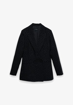 Black double-breasted blazer with silver dot embellishments, notched lapels, two front pockets, and smooth fabric texture.
