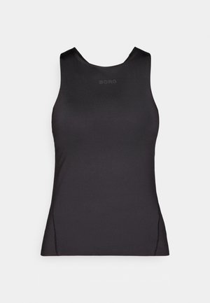 Svart tettsittende singlet laget av glatt, elastisk stoff. Har høy hals og minimalt med sømmer, med ordet "BORG" trykket foran.