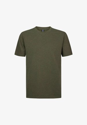Olijfgroen t-shirt met korte mouwen in een zachte, gestructureerde stof met een ronde hals en recht model. Eenvoudig, klassiek ontwerp zonder patronen of accenten.