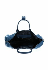 Sac à main en cuir bleu avec double poignée, fermeture éclair ouverte sur le dessus, et intérieur en tissu noir avec une poche zippée et une doublure avec le logo de la marque.