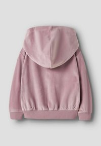 Rosa Velours-Hoodie mit geräumiger Kapuze, gerippten Bündchen und Saum. Weicher Stoff und schlichtes Design, ohne zusätzliche Muster oder Details.