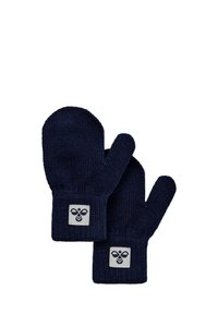 Marineblaue gestrickte Handschuhe mit einem Bündchen und einem quadratischen Logo-Patch, das ein Bienenmotiv zeigt. Weiche Textur mit einer runden Form.