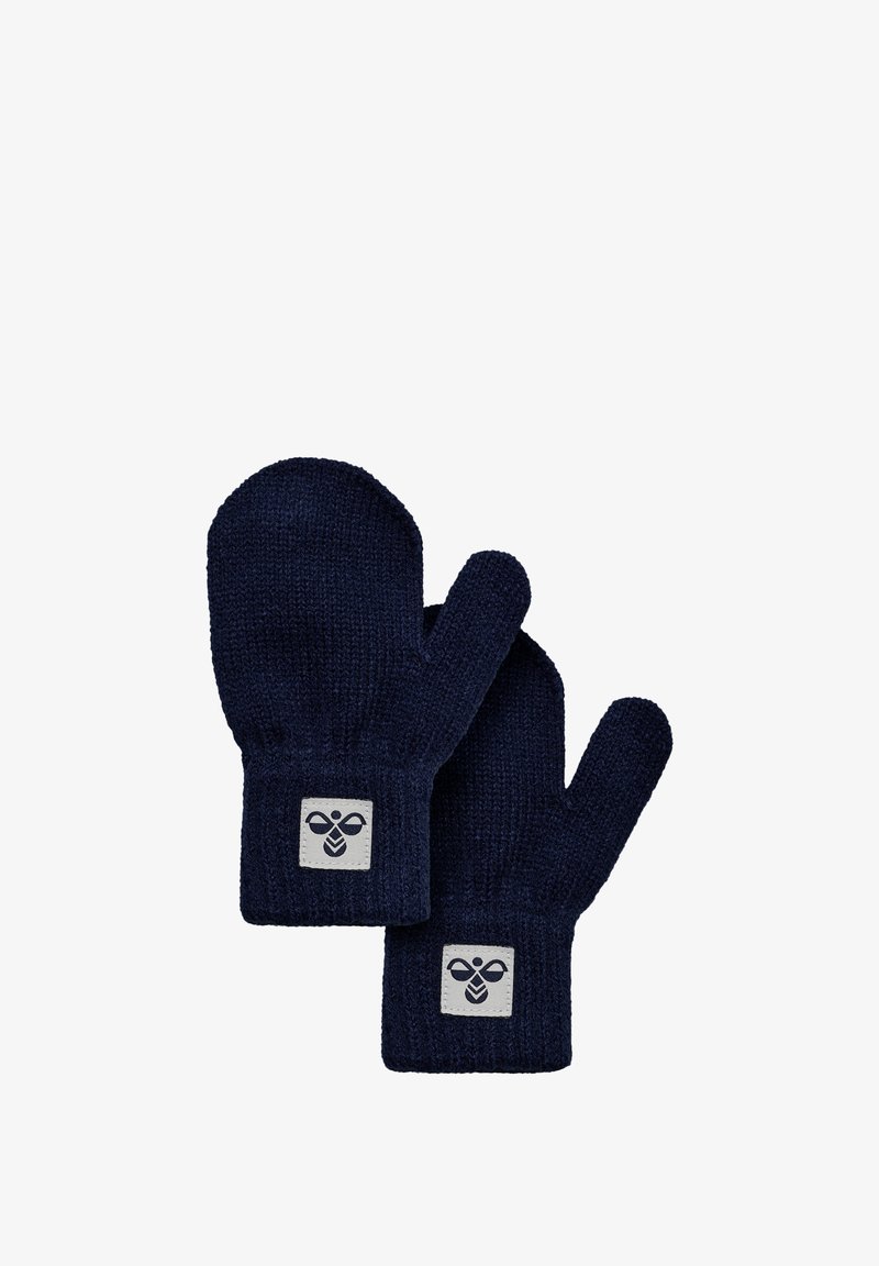 Granatowe dziane rękawice z mankietem i kwadratową łatą z logo przedstawiającym pszczołę. Miękka tekstura o zaokrąglonym kształcie.