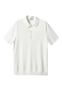 Valkoinen lyhythihainen polo-bleiseri, joka on valmistettu sileästä kankaasta. Siinä on klassinen kaulus, kolmesta napista koostuva etusulku ja suora helma.