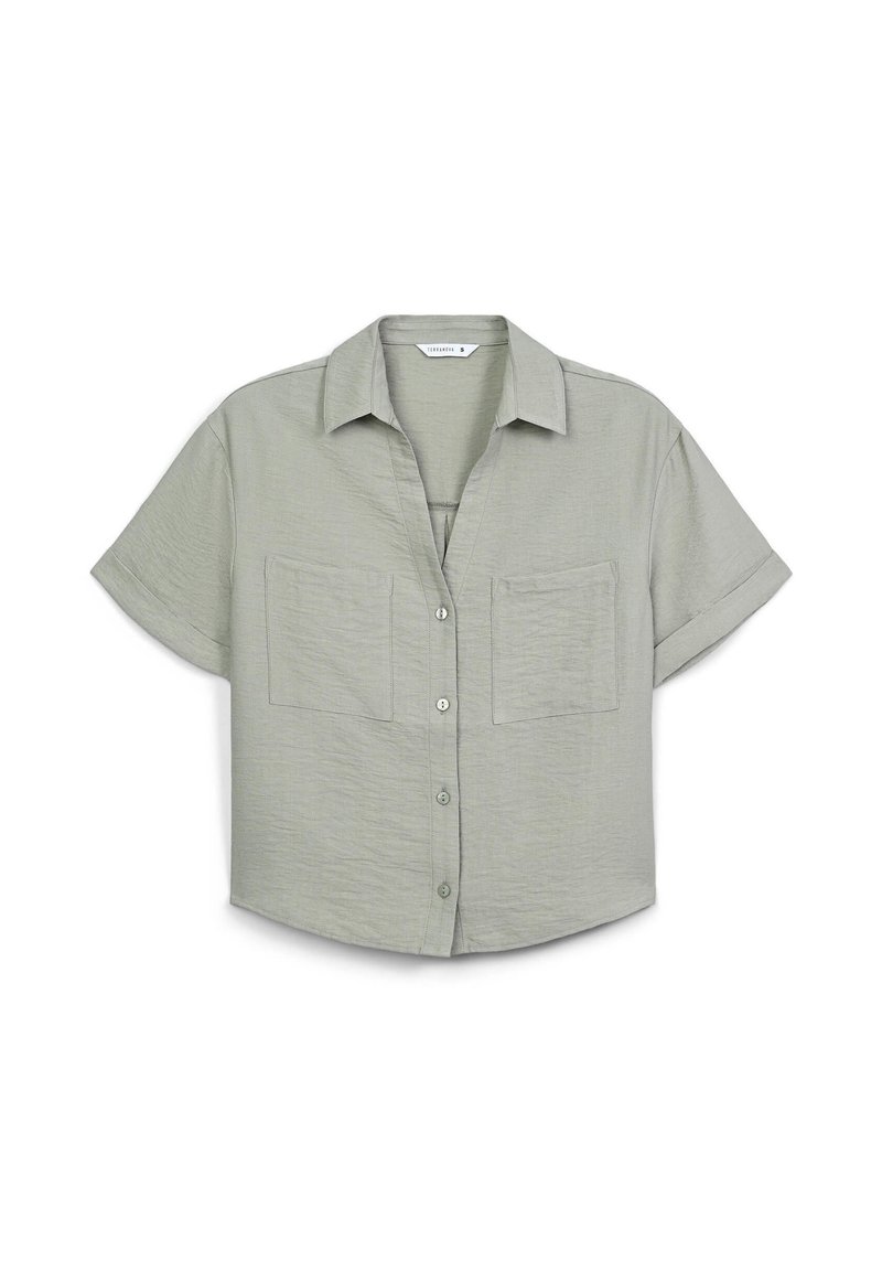 Camicia a maniche corte, verde chiaro, con bottoni, realizzata in tessuto strutturato, dotata di due tasche frontali e colletto.
