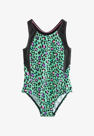 Étsetøj i ét stykke med en mintgrøn base, sorte leopardpletter og lilla accenter. Den har en sort ryg og pink syninger.