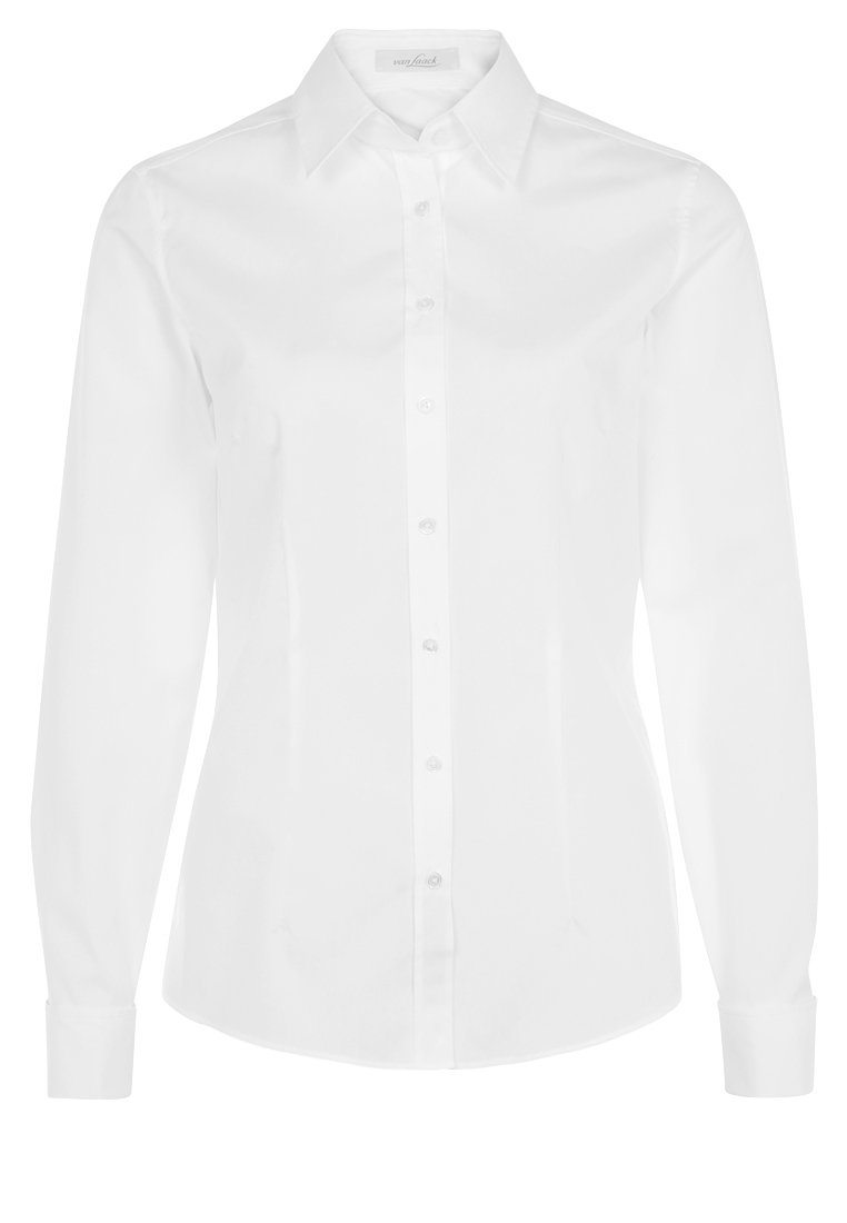Camicia bianca a maniche lunghe con colletto a scomparsa, chiusura frontale con bottoni e vestibilità strutturata. Realizzata in tessuto leggero e liscio.