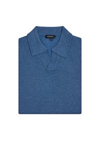 Niebieska dzianinowa koszulka polo z kołnierzykiem i krótkim zapięciem. Posiada teksturowany materiał oraz metkę z nazwą marki i rozmiarem.